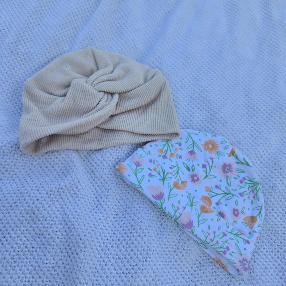 Floral and Tan Kids Beanie Set